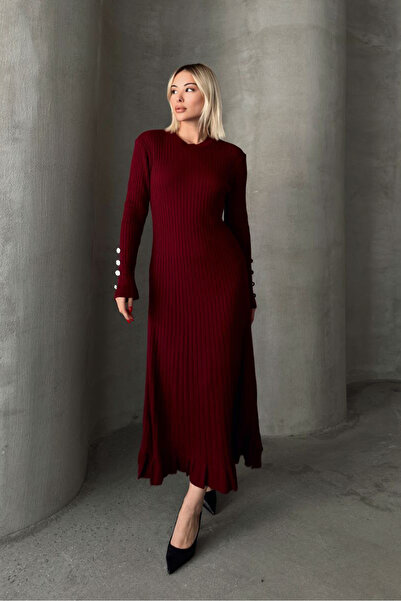 novalook Kolu Düğme Detaylı Bordo Uzun Elbise