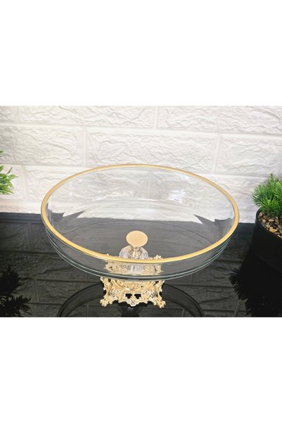 atabey home OVAL BORCAM GOLD DÖKÜM KARE AYAKLI SUNUMLUK GOLD DETAYLI 26 CM