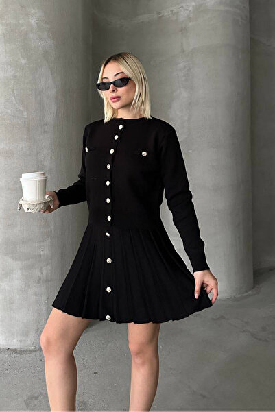 novalook طقم كارديجان نسائي أسود بحاشية صغيرة