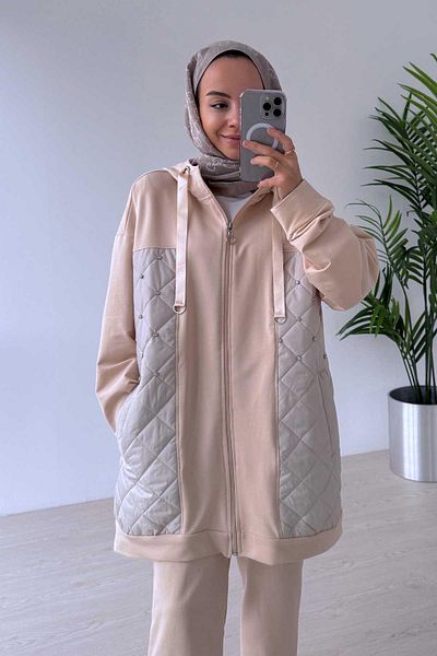 Ka Hijab Set de 2 hijab matlasat bej - Detaliu piatra, doua fire