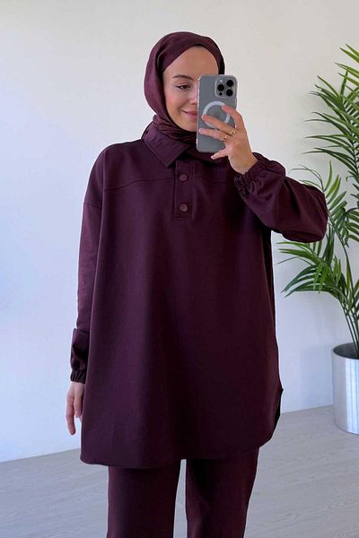 Ka Hijab Burgundy Shirt Collar Hijab Set - 2-Piece, Two Thread