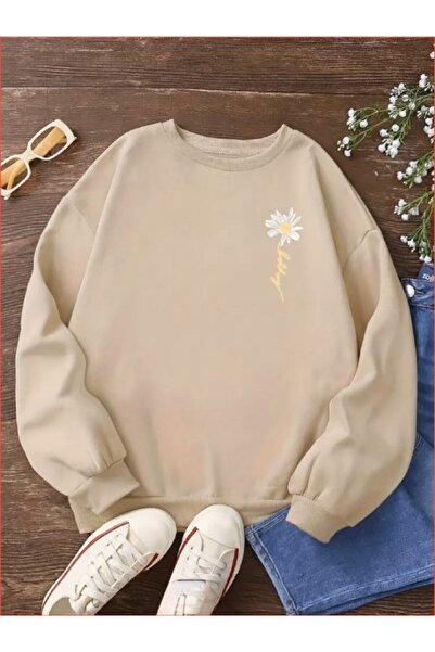 MELADYAN Kadın Papatya Çiçeği Baskılı Oversize Bisiklet Yaka Sweatshirt