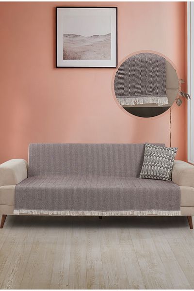 LADYNİL Κάλυμμα καναπέ με κρόσσια 180x210 Βαμβακερό καφέ σάλι