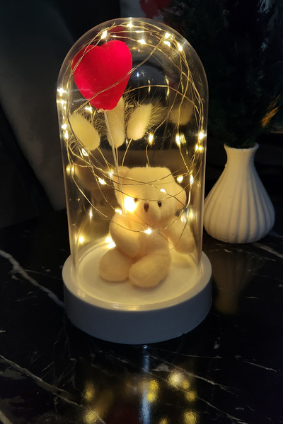 LUZAB Beyaz Tabanlı Led Işıklı Sevgililer Anneler Günü Kalp Ayıcıklı Hediyelik Fanus Teraryum