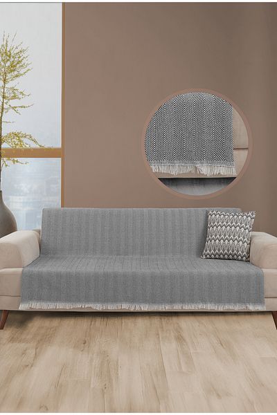 LADYNİL غطاء أريكة مهدب قطن 100% مقاس 180x210 أنثراسايت