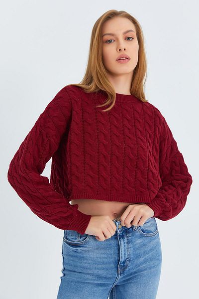 Mixray 6863 Model Roșu Claret Pulover Crop Tricot pentru Femei - Păr împletit