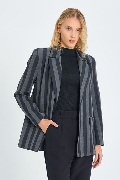 Mixray 4577 Model Grey Γυναικείο Blazer - Χοντρό ριγέ μπουφάν