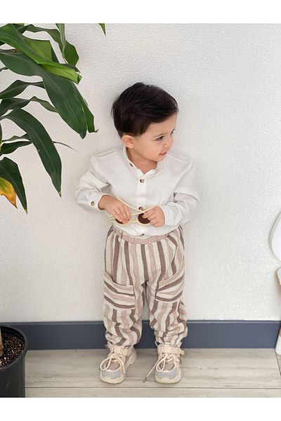 favorimkids Linen Cream Striped 2-Pocket Set - Bottom and Top Set