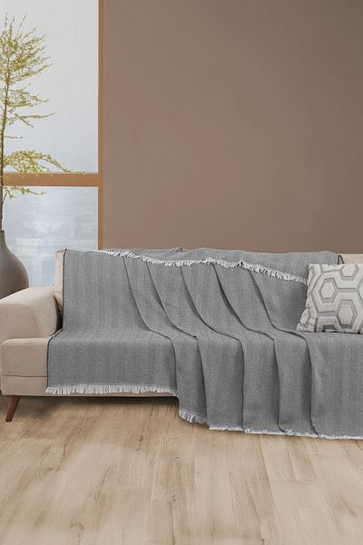 LADYNİL غطاء أريكة مهدب قطن 100% مقاس 180x210 أنثراسايت
