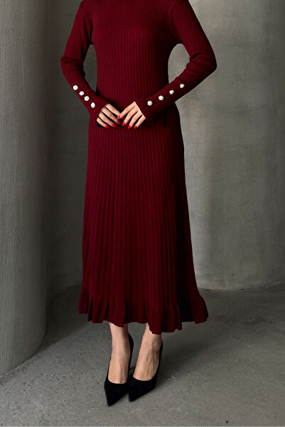 novalook Kolu Düğme Detaylı Bordo Uzun Elbise