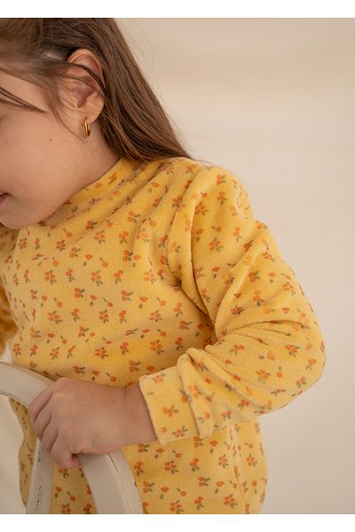 Kirazkids Floral Patterned Yellow Velvet Girl's Skirt Suit