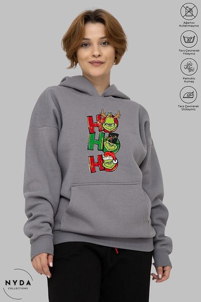 Nyda Collections Grinch Hohoho Πρωτοχρονιάτικα Χριστουγεννιάτικα στάμπα Unisex με κουκούλα Oversize βαμβακερή κουκούλα