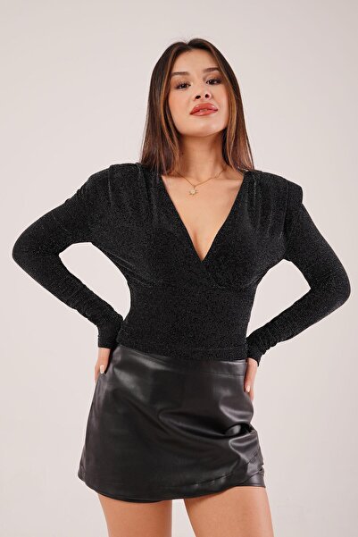 Hipo Trend Simli V Yaka Kruvaze Siyah Bluz