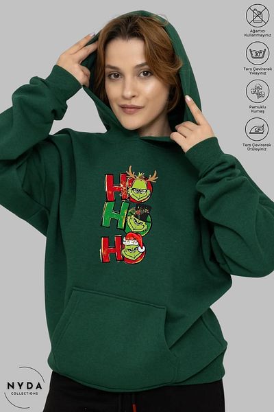 Nyda Collections Grinch Hohoho Πρωτοχρονιάτικα Χριστουγεννιάτικα στάμπα Unisex με κουκούλα Oversize βαμβακερή κουκούλα
