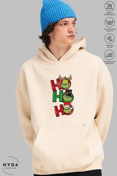 Nyda Collections Grinch Hohoho Πρωτοχρονιάτικα Χριστουγεννιάτικα στάμπα Unisex με κουκούλα Oversize βαμβακερή κουκούλα