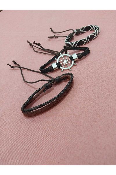 asya stil Leather Bracelet Rudder Figured Set of Three