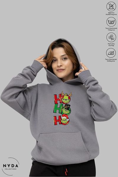 Nyda Collections Grinch Hohoho Πρωτοχρονιάτικα Χριστουγεννιάτικα στάμπα Unisex με κουκούλα Oversize βαμβακερή κουκούλα