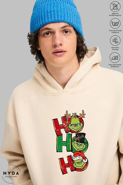 Nyda Collections Grinch Hohoho Πρωτοχρονιάτικα Χριστουγεννιάτικα στάμπα Unisex με κουκούλα Oversize βαμβακερή κουκούλα
