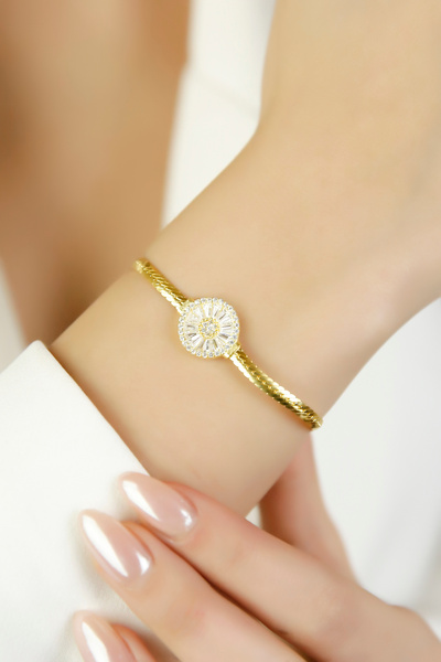 SARIASLAN Yılan Zincirli Baget Taşlı Kadın Gümüş Bileklik 14 Ayar Altın Suyu