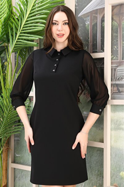 etselements Polo Yaka Düğmeli Midi Boy Abiye Elbise 7088