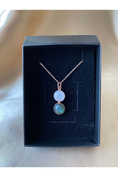 Venüs Doğal Taş Ay Taşı & Labradorit Twin Flame Rose Gold Kolye