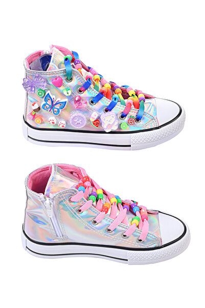 MECH BUTİK Kız Çocuk Spor Ayakkabı Sneaker Bilekli Hologram Süslemeli Fermuarlı Çocuk Ayakkabısı