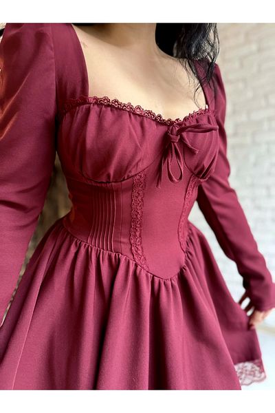 moneta boutique Lace Detailed Corset Look Pleated Mini Dress