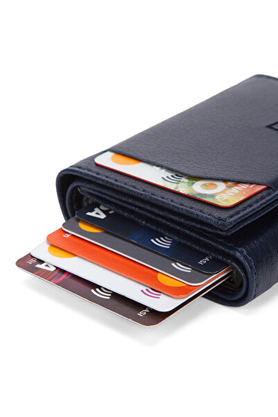 AVCA Erkek Vegan Deri Lacivert Nakit Para Bölmeli Kızaklı Mekanizmalı Cüzdan Kartlık
