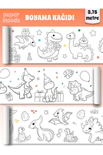 papermoods Sevimli Dinazorlar Temalı 3,75 Metre Rulo Boyama Kağıdı - Bebek Ve...
