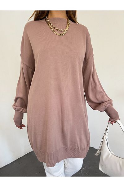 Modamorfo Plain Crew Neck Balloon Sleeve Knitwear Tunic
