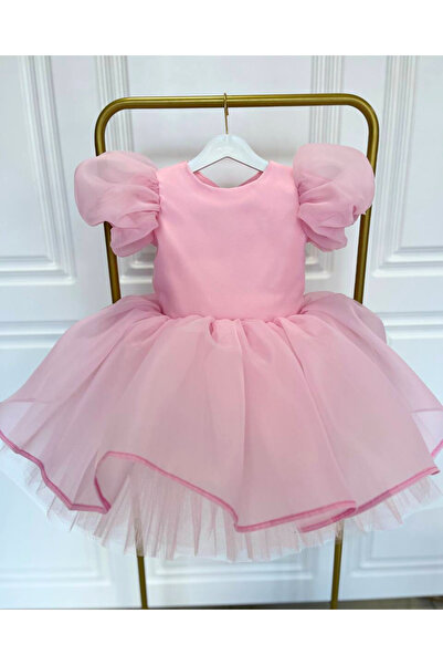 yagmur tasarım Elbise Kız Çocuk Pembe Tül Pamuklu Elbise - (1- 12 Yaş Arası)