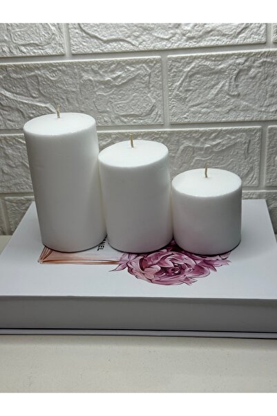 BayCazip Süper Set Beyaz Silindir Mum Vanilya Kokulu Çap 6.5 Cm Boylar 6-9-12 Cm