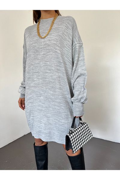 Modamorfo Plain Crew Neck Balloon Sleeve Knitwear Tunic