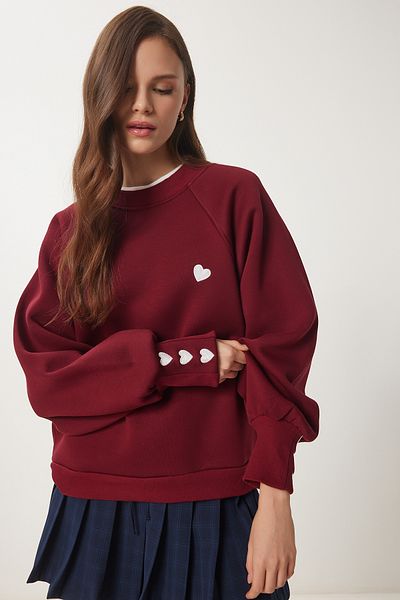 Lovelyİstanbul Burgundy Knitted Sweatshirt - Heart Embroidery, Raster Lmp0005