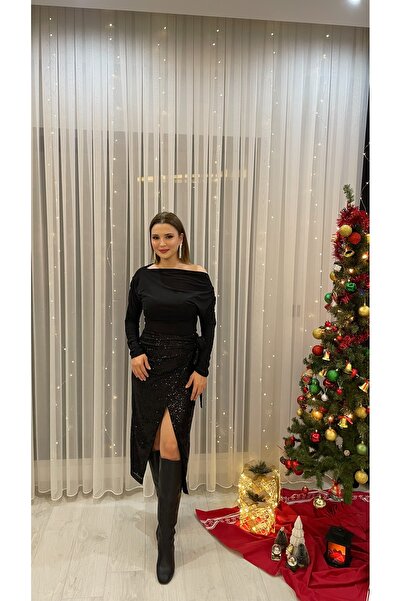 Lovella Siyah Payetli Yırtmaç Detaylı Etek