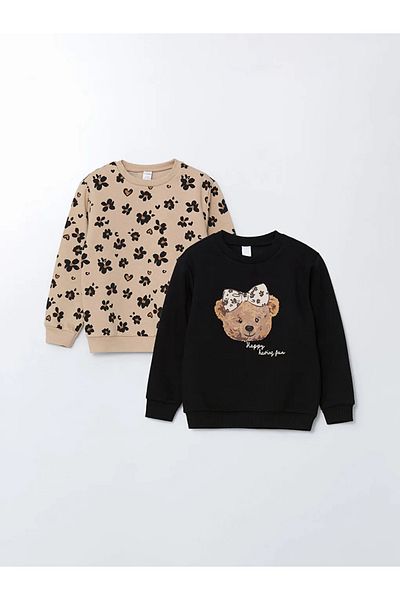LC Waikiki Lcw Kids Black Crew Neck Printed Baby Girl Sweatshirt 2-Piece