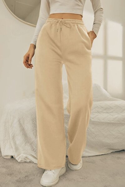 kallima Beige Winter Thick Raised Fleece Inside High Waist Wide Leg Lace-Up Sweatpants with Hidden Pockets