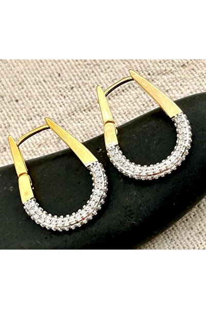 juleeco İki Renkli Taşlı Gold Silver Çelik Küpe