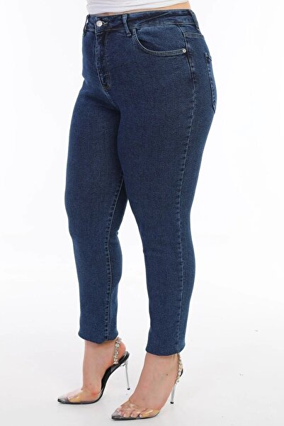 TRENDNATUREL Ramrod Plus Size Navy Blue Lycra Mom Jean Trousers