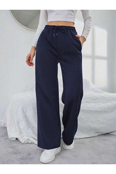 kallima Lacivert Kışlık Kalın Şardonlu Içi Polarlı Yüksek Bel Bol Paça Bağcıklı Gizli Cepli Eşofman Altı