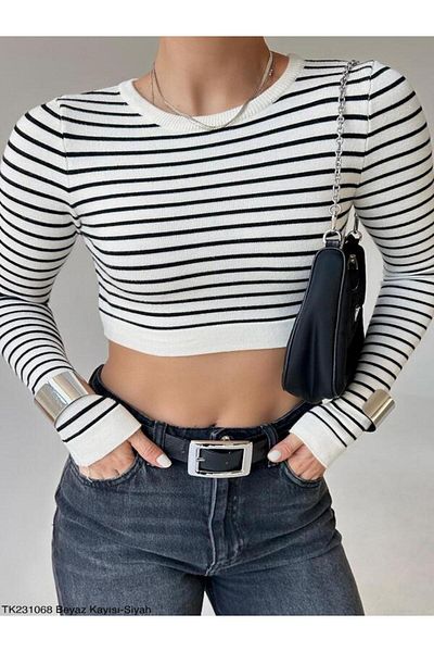 Qu Style Thin Striped Short Sweater