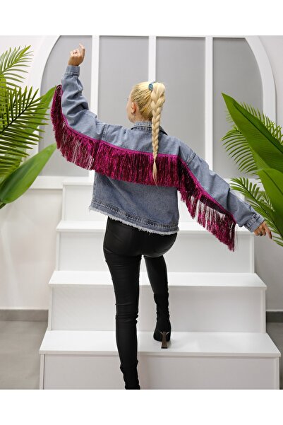 AYDINDOKUMA Rainbows Fuşya Denim ip Püsküllü Jean Ceket Püskül Detaylı Kot Ceket