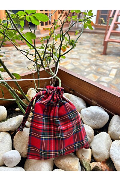 Sumicorn Design İskoç Tartan Ekoseli Bez Büzgülü İpli Kese, Ekolojik Keten Mini Düzenleyici, Yılbaşı Hediyesi