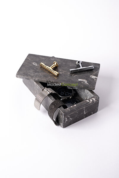 Modestmar Black Marble Box, Marble Jewelry Box, Black Marble Jewelry Box 10X20 Silver Handle