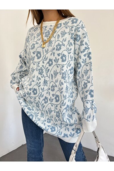 Modamorfo Ledově modrá tunika s květinovým potiskem s kulatým výstřihem