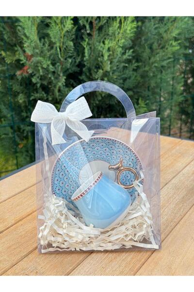 Ara Porselen Özel Hediyelik Çantasında Bir Adet Kuş Detaylı Fincan Mavi