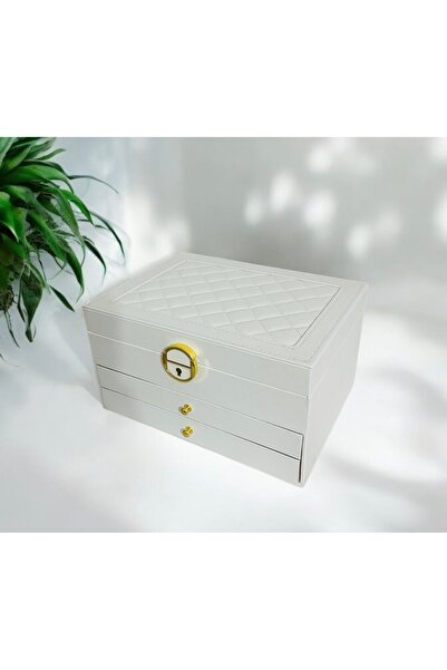 İthal Beyaz Dışı Deri İçi Kadife Kilitli 2 Çekmeceli Takı Bijuteri Mücevher Kutusu Organizer Düzenleyici