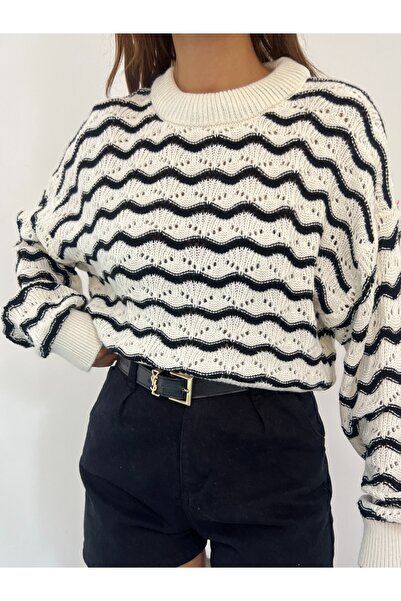 Modamorfo Pulover scurt ajurat cu model în zig-zag - negru