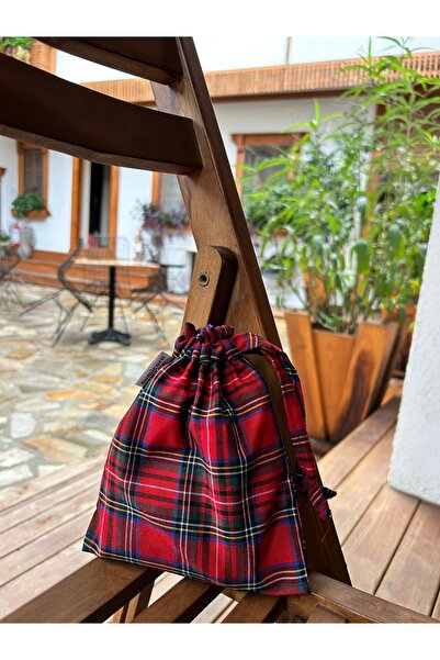 Sumicorn Design İskoç Tartan Ekoseli Bez Büzgülü İpli Kese, Ekolojik Keten Mini Düzenleyici, Yılbaşı Hediyesi