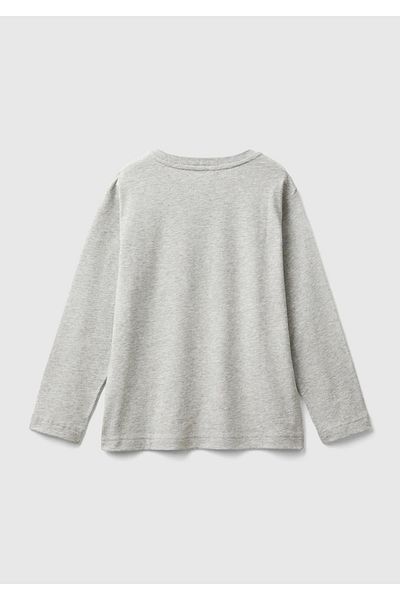 United Colors of Benetton Μακρυμάνικο μπλουζάκι Boy's Grey Melange μπροστά με πολύχρωμο λογότυπο με στάμπα με λαιμόκοψη